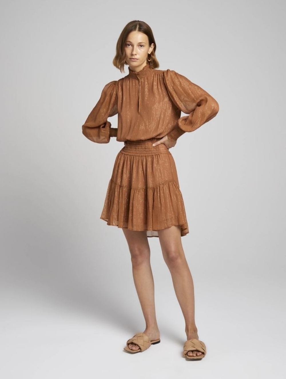 ALC Silvie Silk Mini Dress Tiered Smocked Waist Brown Metallic Stripe Sz 6 Boho